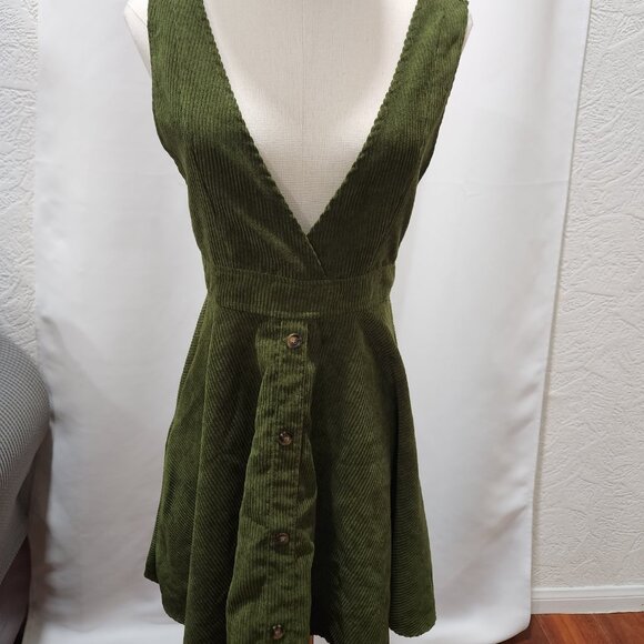 Frille Rose Forest army olive green corduroy mini dress - Picture 3 of 6